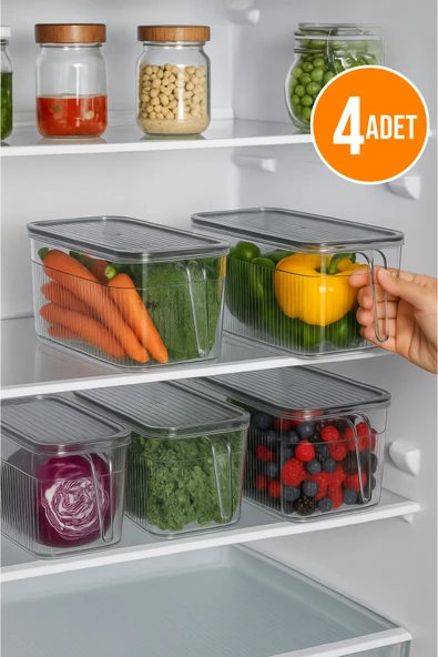 4'lü Kulplu Şeffaf Buzdolabı Organizeri Gıda Saklama Düzenleyici Seti 3.60 L ürün görseli 1
