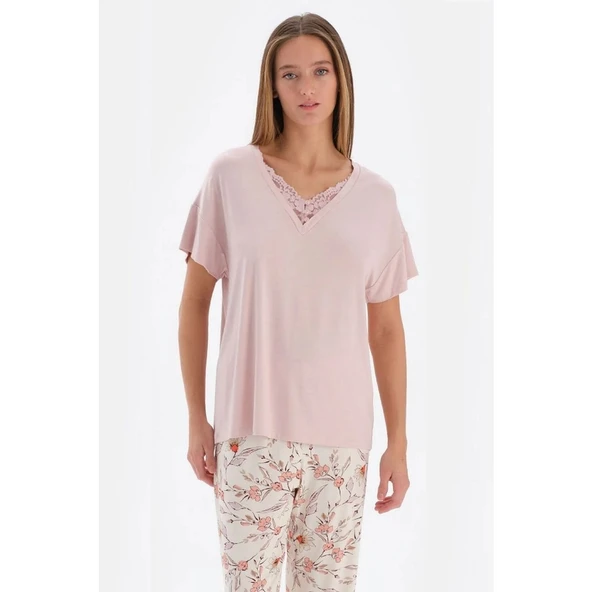 Eros 33520 Pamuklu Dantel V Yaka Kısa Kollu Kadın Pijama Takımı ürün görseli 1