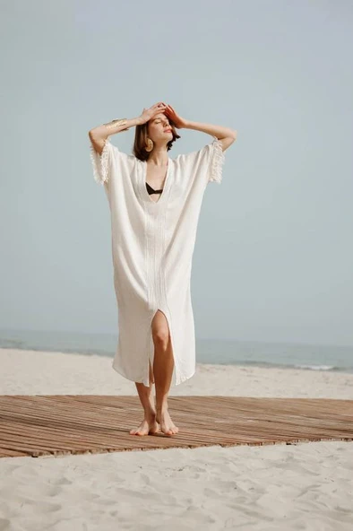 İki Kız Crinkle Keten Kaftan - Resim 3