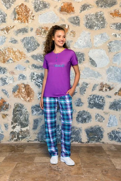 Dorenase 4008 Mor Ekoseli Modal Kısa Kollu Kadın Pijama Takımı ürün görseli 1