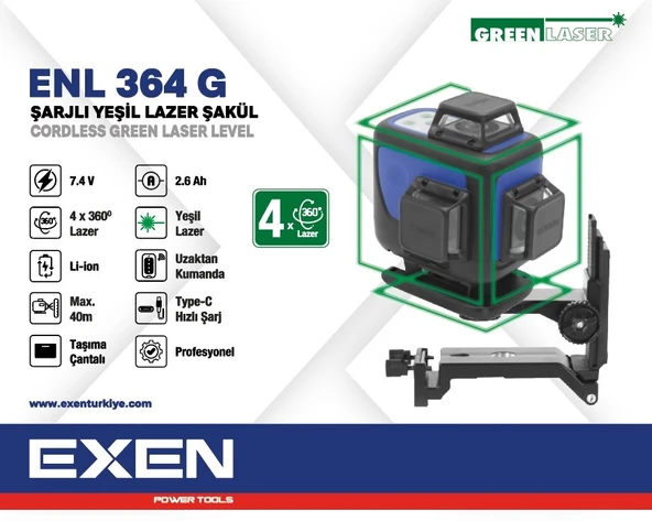 EXEN ENL 364 G - 4x360° 7.4V 2.6Ah Şarjlı Yeşil Lazer Şakül Set ürün görseli 1