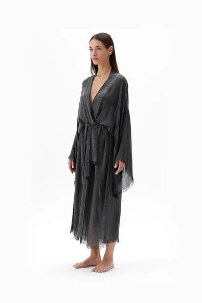 İkikız 3241-2KZ Bambu Gri Uzun Kimono ürün görseli 1