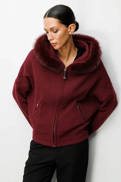 On Fashion Kadın Yakası Kürklü Fermuarlı Bordo Hırka 63908 ürün görseli 1