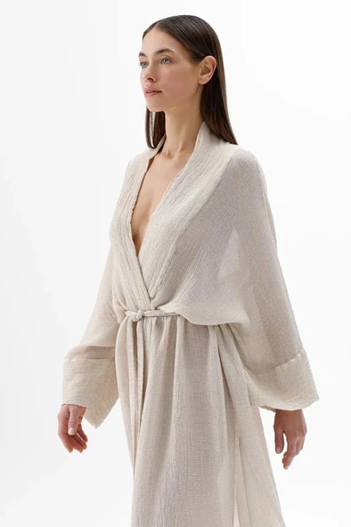 İki Kız Crinkle Bambu Vizon Kimono - Resim 4