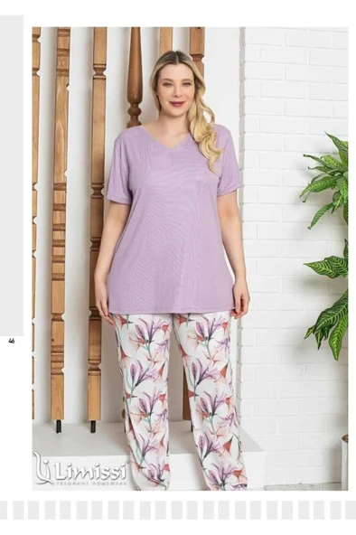 Limissi 24701 Kısa Kol V Yaka Battal Kadın Pijama Takımı ürün görseli 1