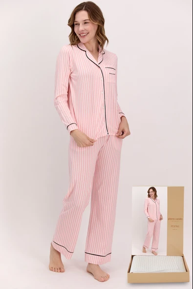 Pierre Cardin 8765 Önden Düğmeli Çizgili Kadın Pijama Takımı ürün görseli 1