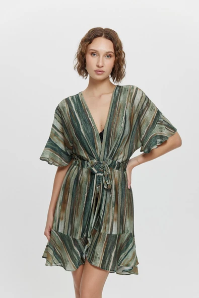 P15084 Desenli  Fırfırlı  Kısa Kimono ürün görseli 1