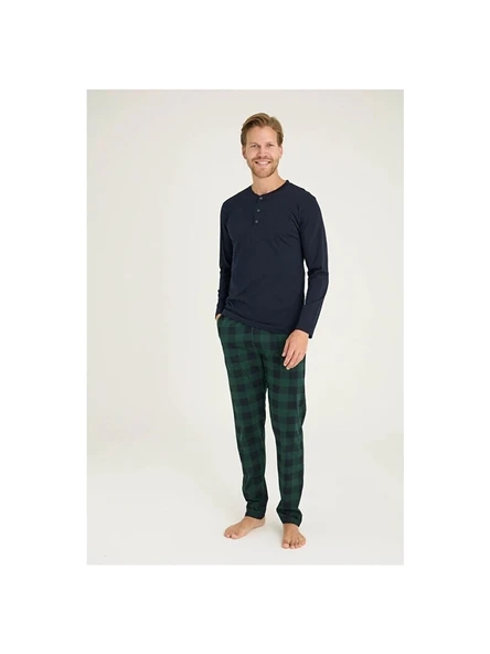 Erkek Uzun Kollu Lacivert Ekoseli Pijama Takımı ürün görseli 1