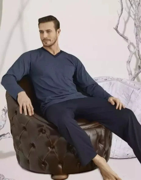 Kly V Yaka Battal Uzun Kol Pijama Takım 9107 ürün görseli 1