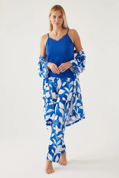 Pierre Cardin 8835 Saks Pamuklu Kadın Sabahlıklı Pijama Takımı ürün görseli 1