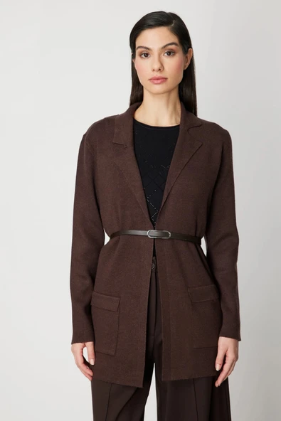 On Fashion Kadın Önü Açık Cepli Kemerli Kahverengi Hırka 69907 ürün görseli 1