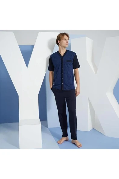 Kly 2097 Pamuklu V Yaka Önden Düğmeli Kısa Kollu Erkek Pijama Takımı ürün görseli 1