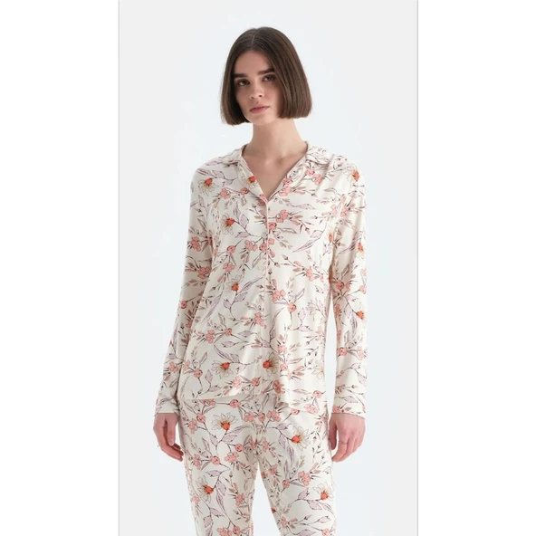 Eros 33526 Pamuklu Gömlek Yaka Önden Düğmeli Desenli Kadın Pijama Takımı ürün görseli 1