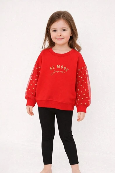 Kız Çocuk Tül Kol Detaylı Uzun Kollu Sweatshirt – Kırmızı (2–7 Yaş) ürün görseli 1