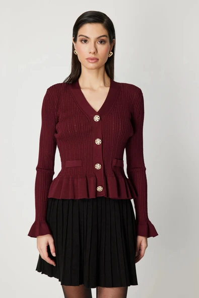 On Fashion Kadın Vatkalı Bele Oturan Bordo Hırka 69905 ürün görseli 1