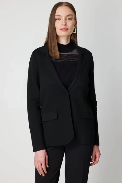 On Fashion Kadın Düğmeli Ceket Yaka Triko Siyah Hırka 63926 ürün görseli 1