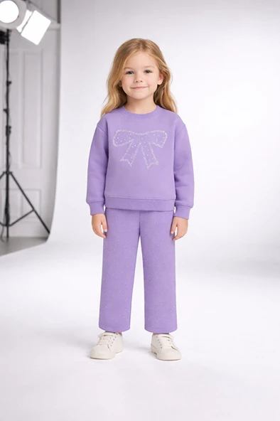 Kız Çocuk Taşlı Fiyonk Takım Lila Sweat ve Pantolon 3-8 Yaş ürün görseli 1
