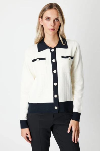 On Fashion Kadın Gömlek Yaka Cepli Ekru Hırka 65924 ürün görseli 1