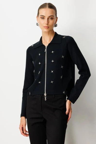 On Fashion Kadın Polo Yaka Zımbalı Fermuarlı Siyah Hırka 65905 ürün görseli 1