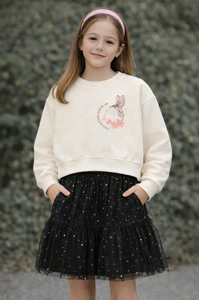 Kız Çocuk Nakış Detaylı Uzun Kollu Sweatshirt Vanilya Renk ürün görseli 1