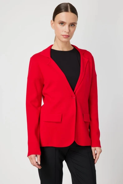 On Fashion Kadın Düğmeli Ceket Yaka Triko Kırmızı Hırka 63926 ürün görseli 1