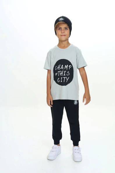 Toontoy Erkek Çocuk 2'li Takım Baskılı Bisiklet Yaka Kısa Kollu T-Shirt & Beli Paçası Lastikli Cepli Jogger Eşofman Altı - Renk Bloklu & 2 İplik ürün görseli 1