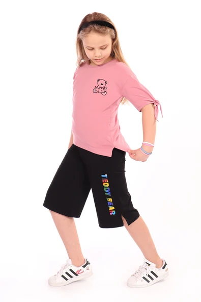 Toontoy Kız Çocuk 2'li Takım Baskılı Bisiklet Yaka T-Shirt & Beli Lastikli Cepli Kapri Şort - Yırtmaç Detaylı ürün görseli 1