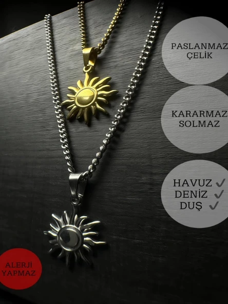 Güneş Charmlı Düz Model Çelik Zincir Çift Kolyesi | Eclipse Serisi - Resim 2