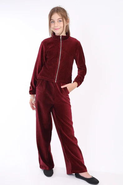 Toontoy Kız Çocuk 2'li Takım Dik Yaka Fermuarlı Sweatshirt & Beli Lastikli Cepli Bol Paça Eşofman Altı - Kadife ürün görseli 1