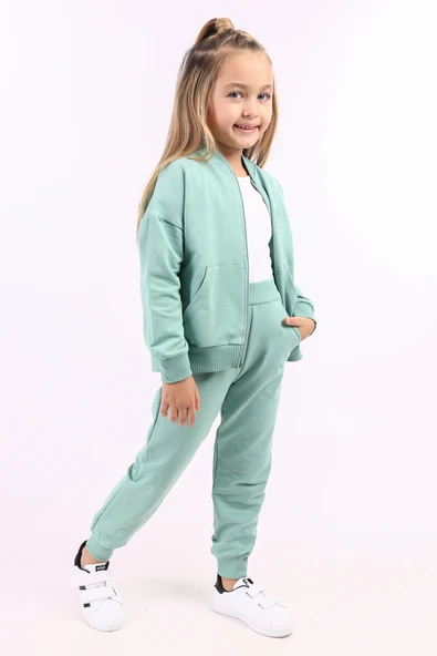 Toontoy Kız Çocuk 2'li Takım Kolej Yaka Fermuarlı Cepli Sweatshirt & Beli Paçası Ribanalı Cepli Jogger Eşofman Altı - 2 İplik ürün görseli 1