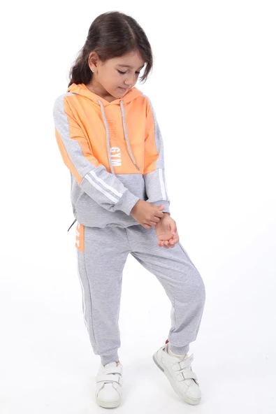 Toontoy Kız Çocuk 2'li Takım Kapüşonlu Cepli Sweatshirt & Beli Paçası Lastikli Jogger Eşofman Altı - Renk Bloklu & Bant Detaylı & 2 İplik ürün görseli 1