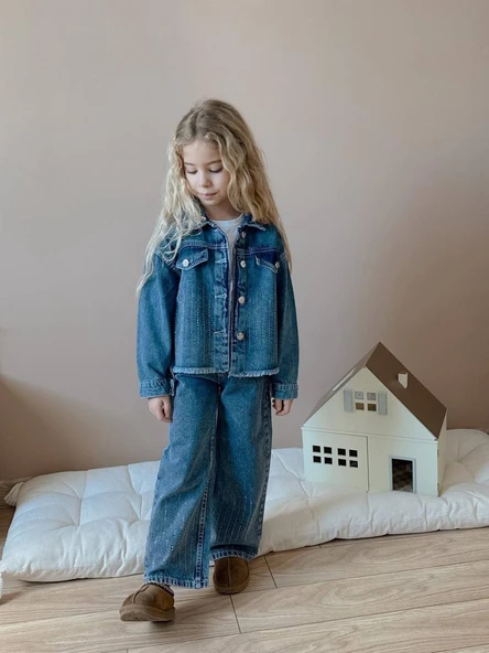 KIZ ÇOCUK KOT CEKETLİ KOT PANTOLONLU TAŞLI 3LÜ TAKIM ürün görseli 1