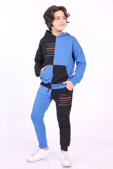 Toontoy Erkek Çocuk 2'li Takım Baskılı Kapüşonlu Cepli Sweatshirt & Beli Paçası Lastikli Cepli Jogger Eşofman Altı - Renk Bloklu & 2 İplik ürün görseli 1