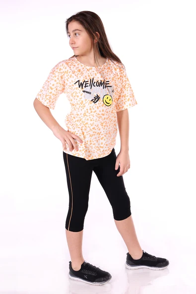 Toontoy Kız Çocuk 2'li Takım Baskılı Yuvarlak Yaka T-Shirt & Beli Lastikli Crop Tayt ürün görseli 1