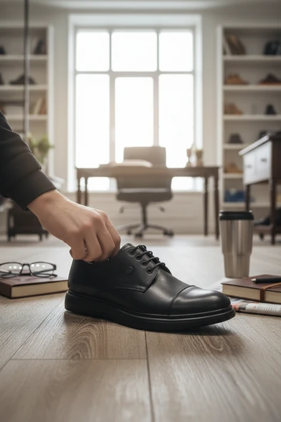 Enoch Deri Siyah Cap-Toe Bağcıklı ve Esnek Tabanlı Erkek Casual Ayakkabı ürün görseli 1