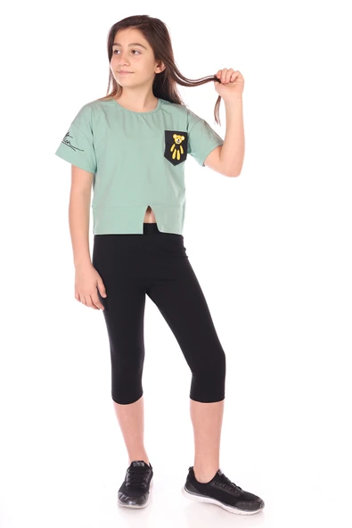 Toontoy Kız Çocuk 2'li Takım Baskılı Bisiklet Yaka T-Shirt & Beli Lastikli Crop Tayt - Yırtmaç Detaylı ürün görseli 1
