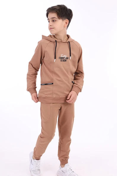 Toontoy Erkek Çocuk 2'li Takım Baskılı Kapüşonlu Cepli Reglan Kol Asimetrik Sweatshirt & Beli Paçası Lastikli Cepli Jogger Eşofman Altı - Şerit Detaylı TK22866 ürün görseli 1