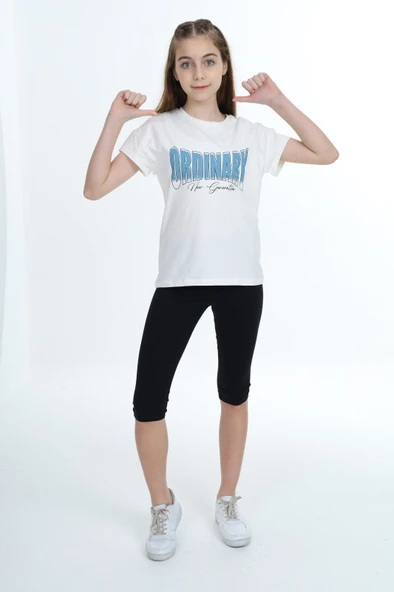Toontoy Kız Çocuk 2'li Takım Baskılı Bisiklet Yaka T-Shirt & Beli Lastikli Crop Tayt ürün görseli 1