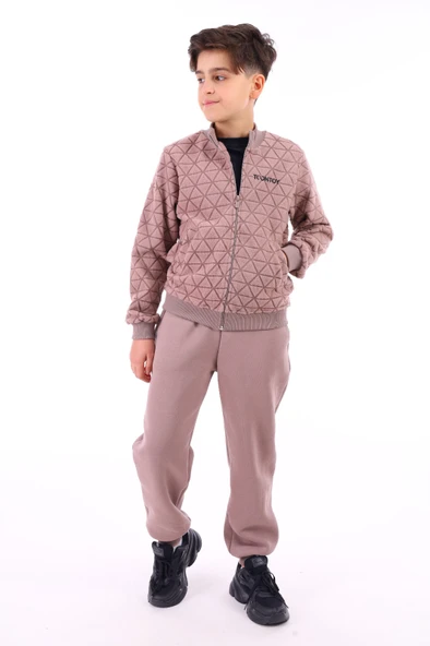 Toontoy Erkek Çocuk Kolej Yaka Fermuarlı Cepli Nakış Baskılı Geometrik Desenli Polar Hırka - 2 İplik Şardonlu ürün görseli 1