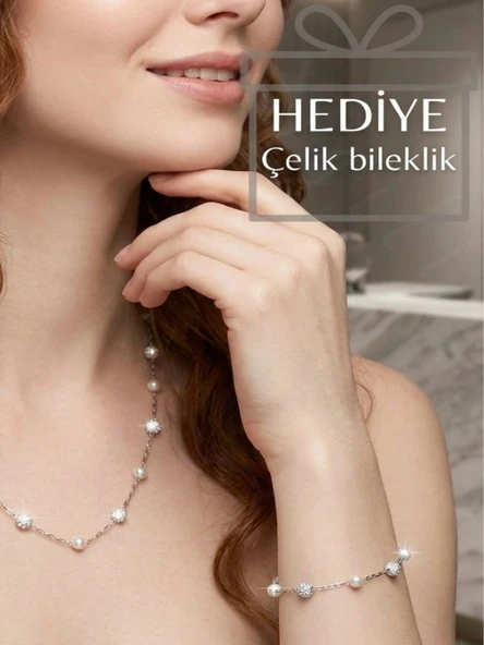 Parlak Taşlı Tasarım Silver Çelik Zincir Kolye (Bileklik Hediyeli) | Glorious Serisi ürün görseli 1