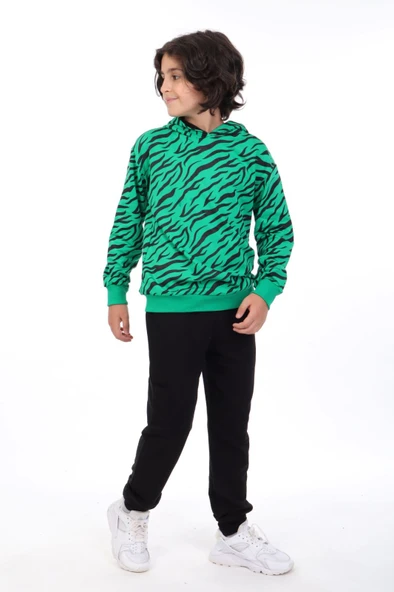 Toontoy Erkek Çocuk 2'li Takım Baskılı Kapüşonlu Reglan Kol Sweatshirt & Beli Paçası Lastikli Cepli Jogger Eşofman Altı - 2 İplik ürün görseli 1