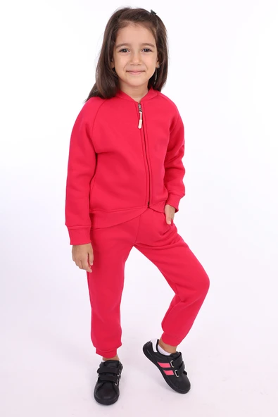 Toontoy Kız Çocuk 2'li Takım Nakış Baskılı Bebe Yaka Fermuarlı Sweatshirt & Beli Lastikli Bol Paça Eşofman Altı - 3 İplik Şardonlu ürün görseli 1