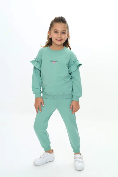 Toontoy Kız Çocuk 2'li Takım Baskılı Bisiklet Yaka Reglan Kol Fırfırlı Sweatshirt & Beli Paçası Lastikli Cepli Jogger Eşofman Altı - 2 İplik ürün görseli 1