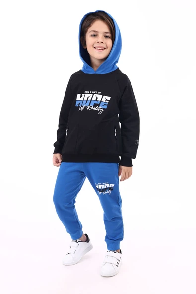 Toontoy Erkek Çocuk 2'li Takım Baskılı Kapüşonlu Fermuarlı Cepli Reglan Kol Sweatshirt & Beli Paçası Lastikli Cepli Jogger Eşofman Altı - Renk Bloklu & 2 İplik ürün görseli 1
