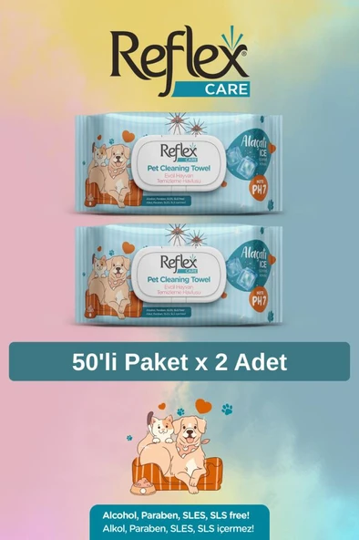 Reflex Care Evcil Hayvanlar için Çok Amaçlı Hijyenik Temizleme Mendili 50'li x 2 Adet - Alaçatı Ice Kokulu ürün görseli 1