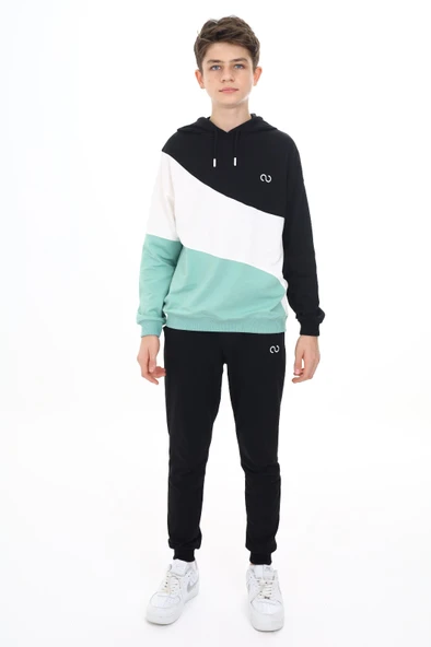 Toontoy Erkek Çocuk 2'li Takım Baskılı Kapüşonlu Sweatshirt & Beli Paçası Lastikli Cepli Jogger Eşofman Altı - Renk Bloklu & 2 İplik ürün görseli 1