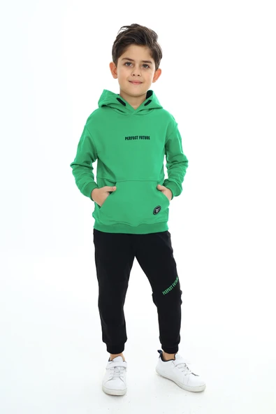 Toontoy Erkek Çocuk 2'li Takım Baskılı Kapüşonlu Cepli Sweatshirt & Beli Paçası Lastikli Cepli Jogger Eşofman Altı - Renk Bloklu & 2 İplik ürün görseli 1
