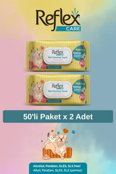 Reflex Care Nergis Çiçeği Kokulu Evcil Hayvan Temizleme Havlusu 50'li x 2 Adet ürün görseli 1