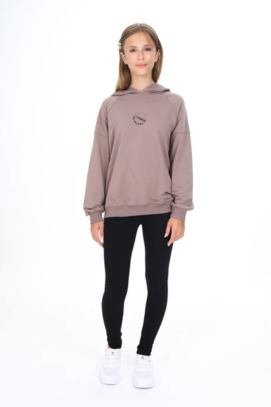 Toontoy Kız Çocuk 2'li Takım Baskılı Kapüşonlu Düşük Omuz Sweatshirt & Basic Düz Tayt ürün görseli 1