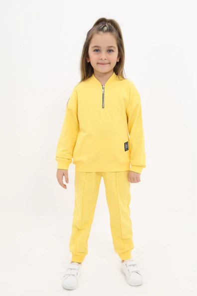 Toontoy Kız Çocuk 2'li Takım Baskılı Kolej Yaka Fermuarlı Cepli Sweatshirt & Beli Paçası Ribanalı Jogger Eşofman Altı - Nervürlü & 2 İplik ürün görseli 1